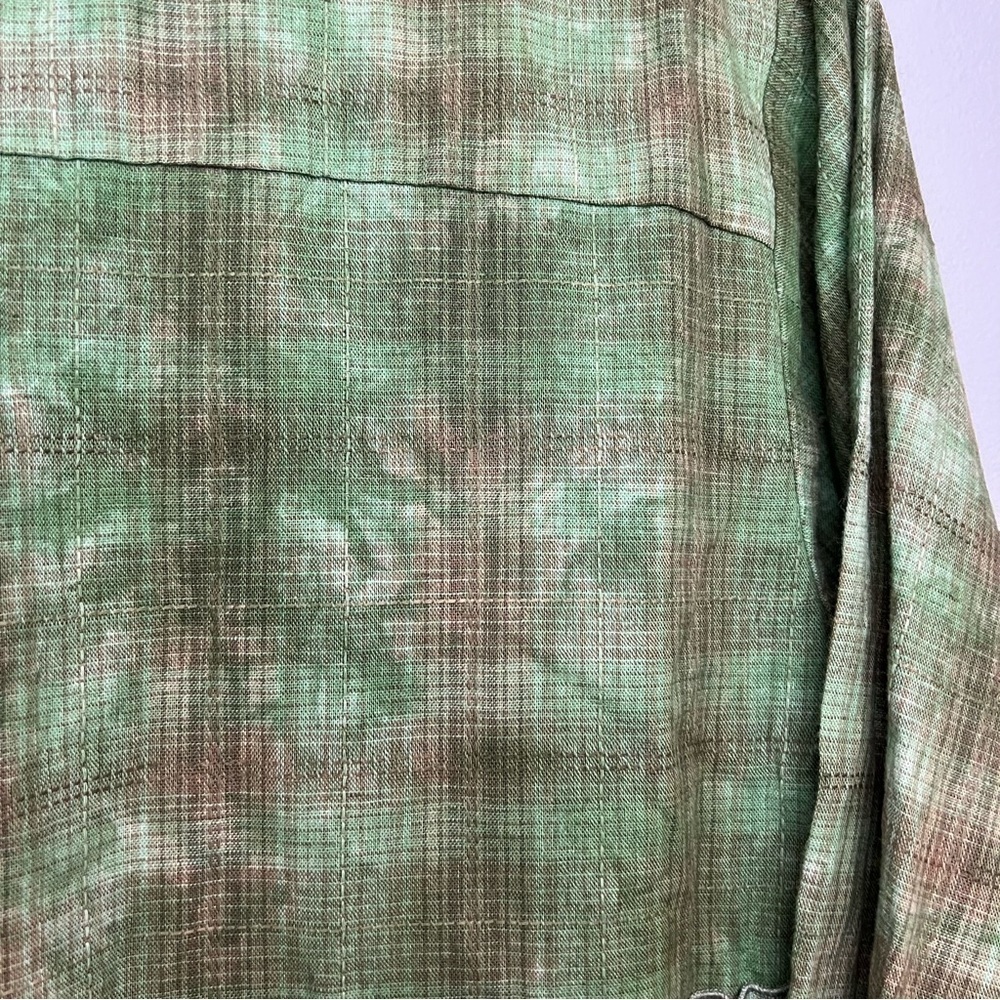 On You | Linen Tiered Tie Dye Mini Dress Babydoll Cuff Sleeve Bamboo Green Sz L - Picture 14 of 15